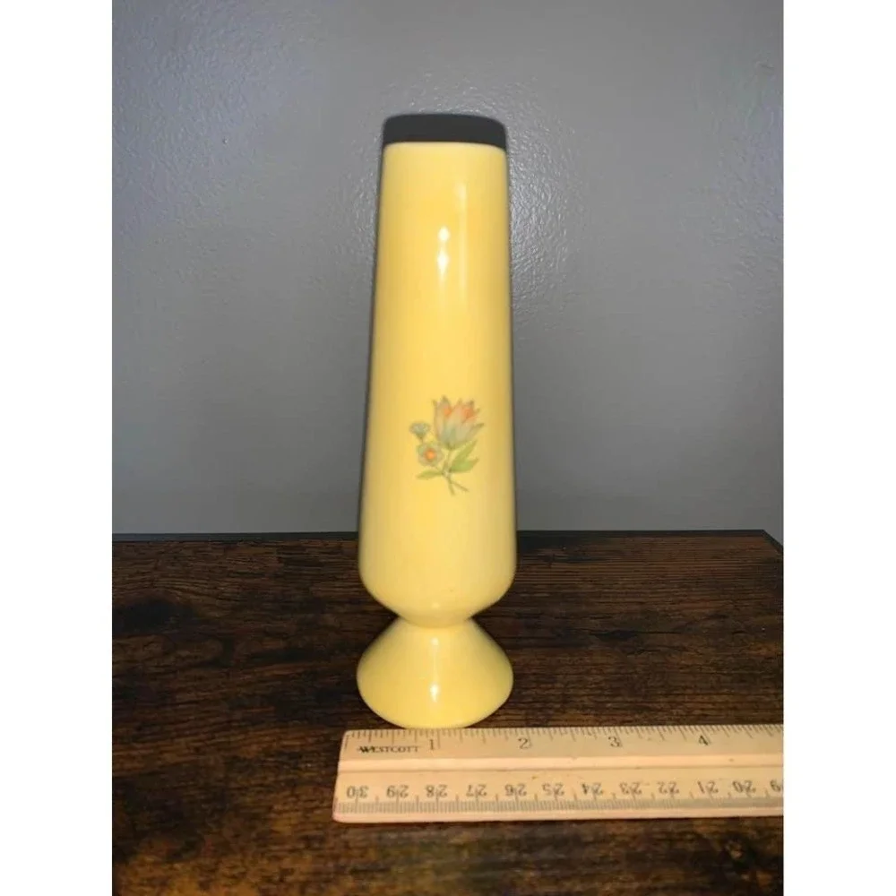 Vintage Yellow Art Pottery Bud Vase 6 Inch Footed Pedestal Glazed Ceramic Decor